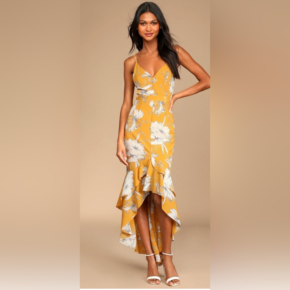 NWT! LuLu’s Mustard Yellow High-Low Maxi Dress in Small